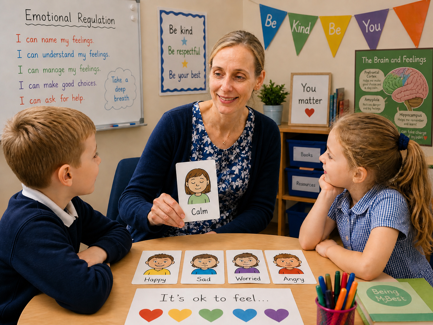 Christina working with two children around an emotional-regulation board, holding a card that reads Calm.